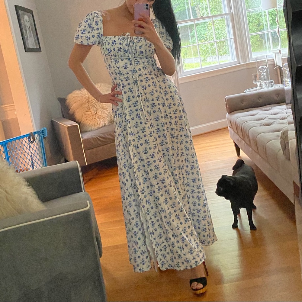 Floral Blue and White Maxi Milkmaid Cottagecore Country Dress SMALL/MED